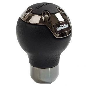 Mercedes® MOMO® GOTHAM Shift Knob, Black Leather,Dark Chrome, Rubberized Momo® Logo Insert