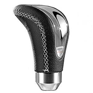 Mercedes® MOMO® COMBAT EVO Shift Knob, Black Leather With Chrome Colored Insert, Matching Stitch MOMO® Italy Emblem